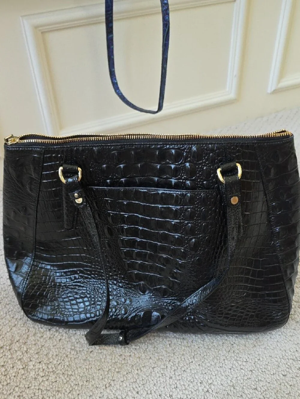 Brahmin Black Croc-Embossed Leather Tote with Gold Hardware